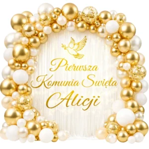 Naklejka Pierwsza Komunia Święta z imieniem na ściance balonowej