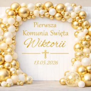 pierwsza komunia święta z imieniem i datą na ściance balonowe